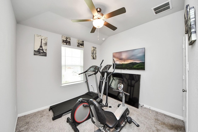 workout area with ceiling fan, visible vents, baseboards, lofted ceiling, and carpet flooring