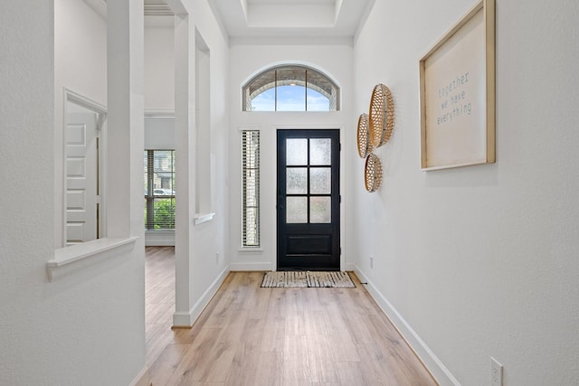 foyer featuring baseboards, plenty of natural light, and light wood finished floors