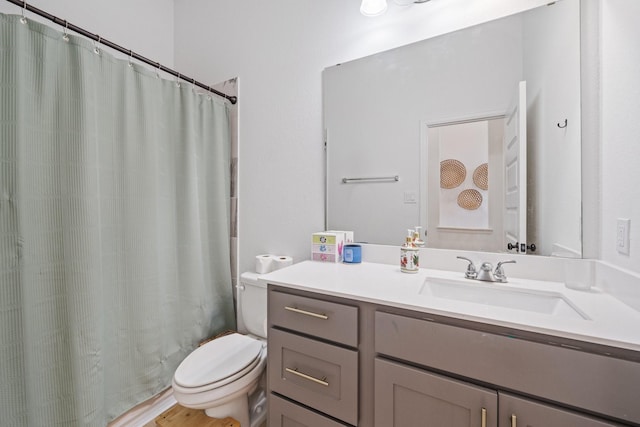 full bathroom with toilet, a shower with curtain, and vanity