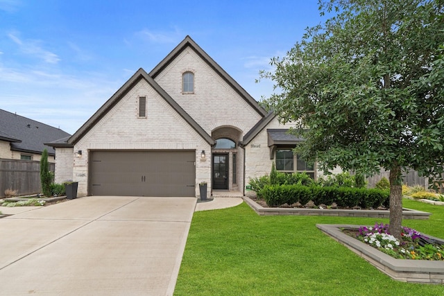 french country style house with fence, concrete driveway, a front yard, and brick siding