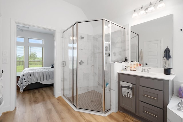 ensuite bathroom with ensuite bathroom, vanity, wood finished floors, and a shower stall
