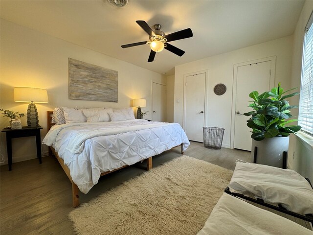 7006 Jalna St, Houston, TX 77055 - bedroom featuring wood finished floors, multiple closets, multiple windows, and ceiling fan