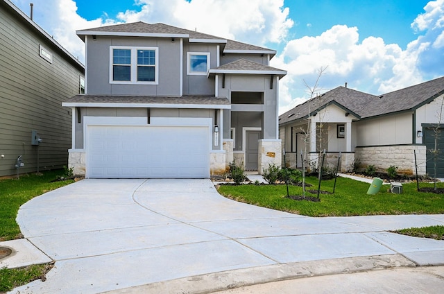 view of front of home featuring a garage, stucco siding, stone siding, and concrete driveway