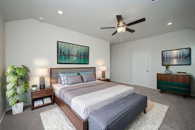carpeted bedroom featuring recessed lighting, baseboards, vaulted ceiling, and ceiling fan