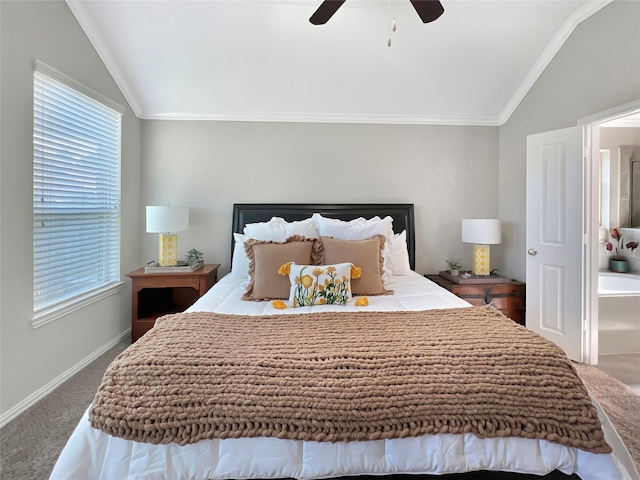 bedroom with baseboards, ornamental molding, carpet, and lofted ceiling