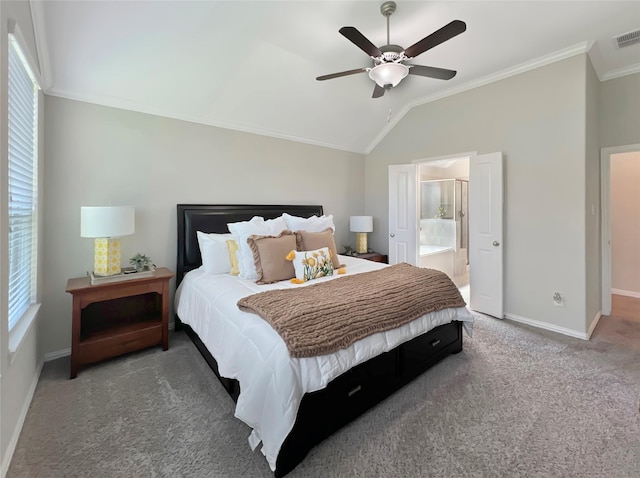 carpeted bedroom with crown molding, connected bathroom, ceiling fan, baseboards, and lofted ceiling