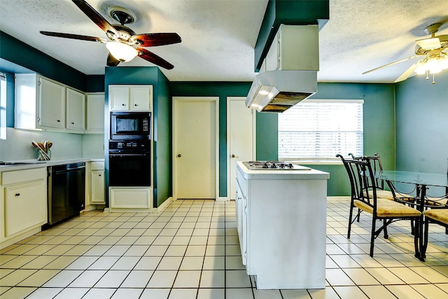kitchen with light countertops, a textured ceiling, ceiling fan, and black appliances