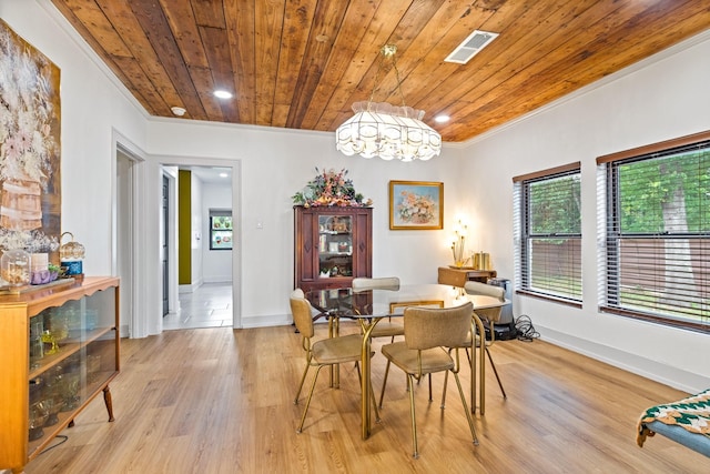 dining room featuring crown molding, light wood-style floors, baseboards, visible vents, and wood ceiling