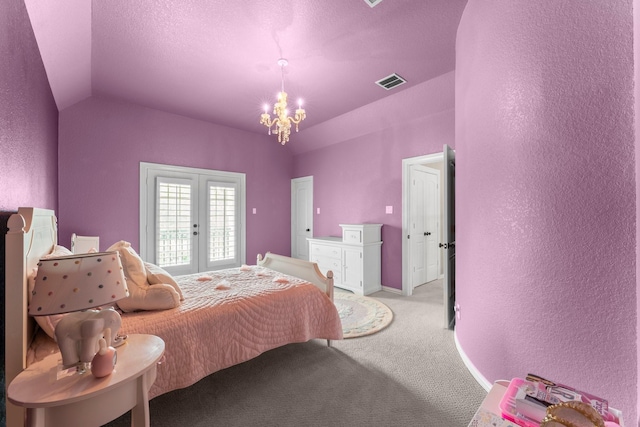 bedroom featuring visible vents, light colored carpet, a chandelier, french doors, and vaulted ceiling