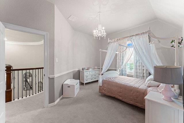 carpeted bedroom with visible vents, baseboards, an inviting chandelier, and vaulted ceiling