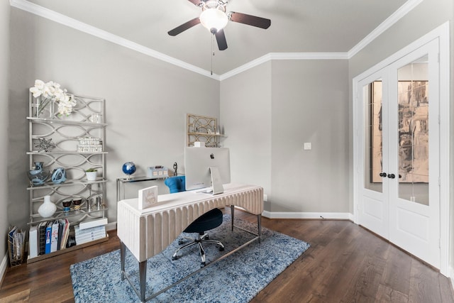 office space featuring french doors, a ceiling fan, baseboards, wood finished floors, and ornamental molding