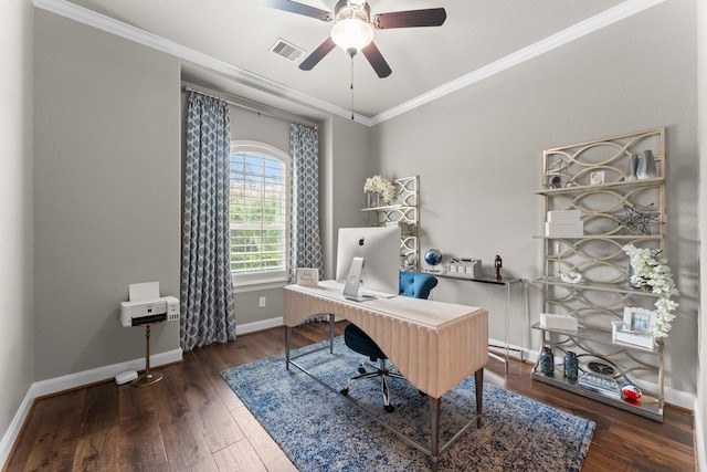 home office featuring crown molding, ceiling fan, baseboards, wood finished floors, and visible vents