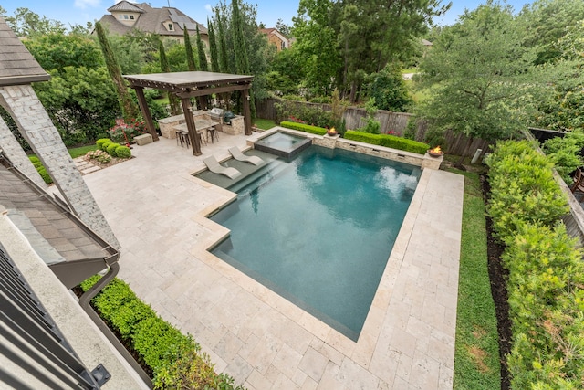 view of pool with a pool with connected hot tub, a gazebo, a fenced backyard, a patio, and outdoor dining space
