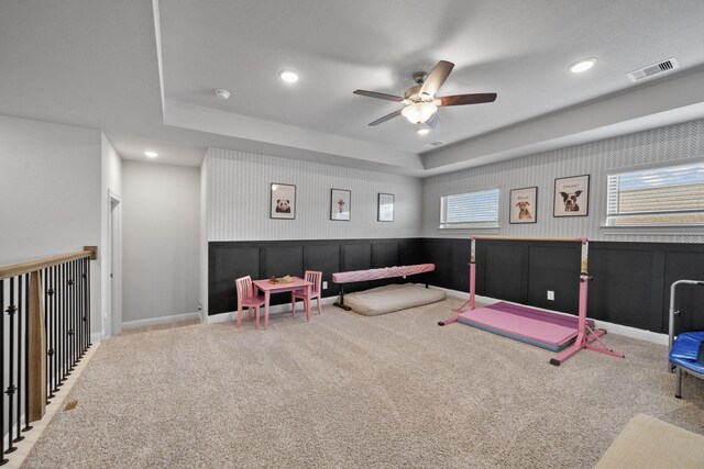 4381 Victoria Pine Dr, Spring, TX 77386 - rec room with ceiling fan, carpet floors, recessed lighting, wallpapered walls, and baseboards