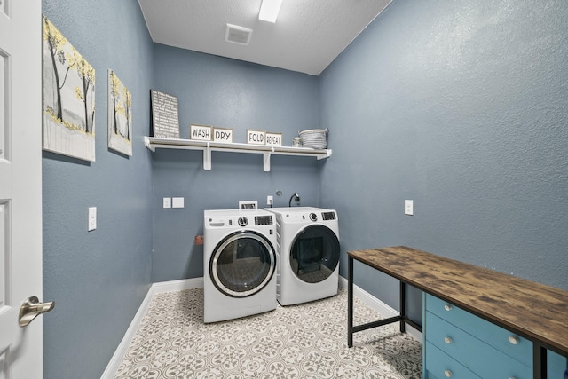 4381 Victoria Pine Dr, Spring, TX 77386 - clothes washing area with baseboards, washer and dryer, and a textured wall