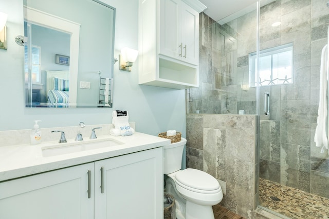 ensuite bathroom featuring vanity, connected bathroom, toilet, and a shower stall