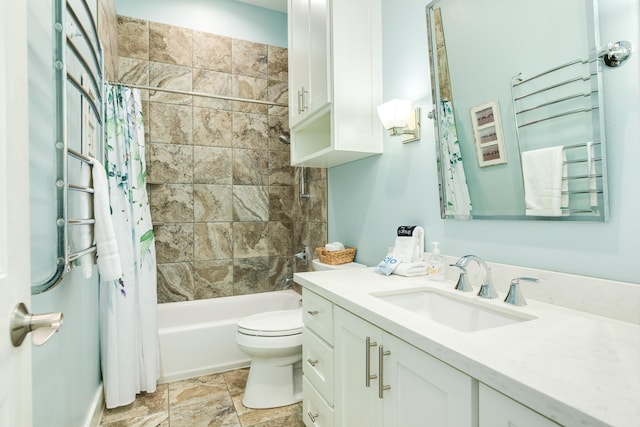 bathroom featuring vanity, shower / bathtub combination with curtain, toilet, and stone finish flooring