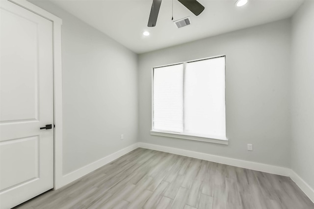unfurnished room featuring baseboards, a ceiling fan, recessed lighting, and visible vents