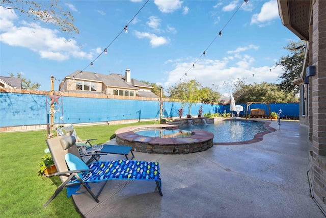 28202 Rippling Brook Ln, Fulshear, TX 77441 - view of pool with a patio, a fenced backyard, a fenced in pool, an in ground hot tub, and a yard