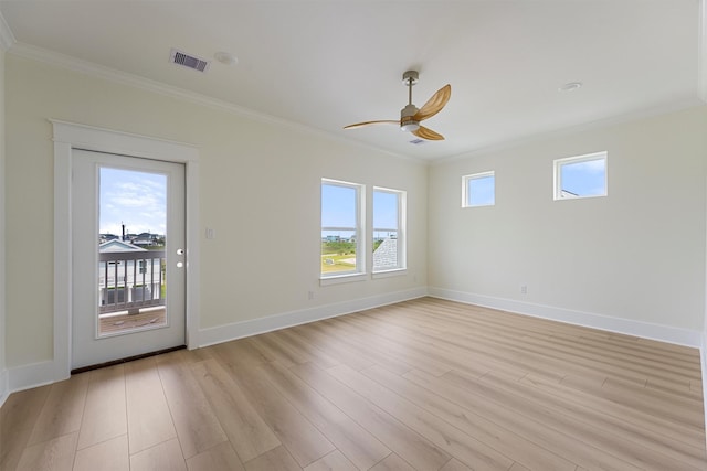 4042 Miramar Ct, Galveston, TX 77554 - spare room with visible vents, crown molding, baseboards, ceiling fan, and light wood finished floors