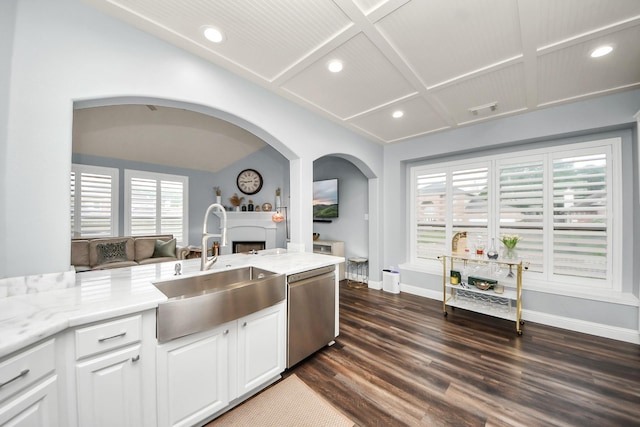 kitchen with stainless steel dishwasher, a fireplace, baseboards, dark wood-style floors, and a sink