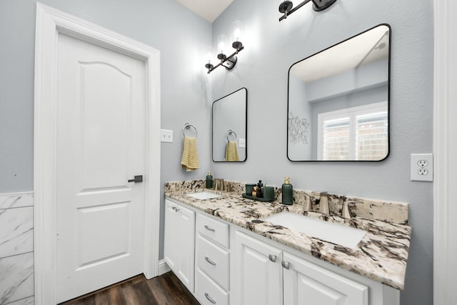 bathroom featuring a sink, double vanity, and wood finished floors