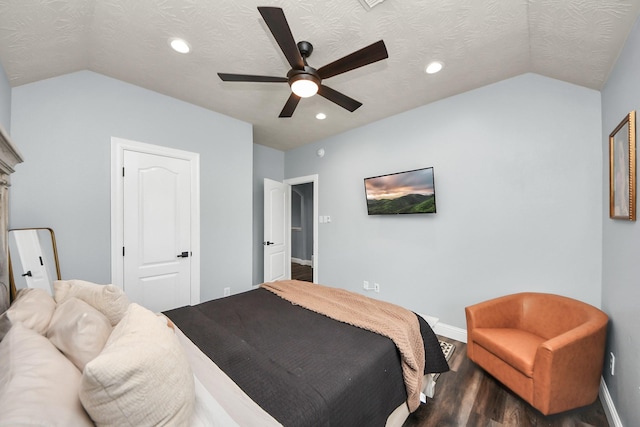 bedroom featuring ceiling fan, dark wood-style flooring, baseboards, lofted ceiling, and recessed lighting