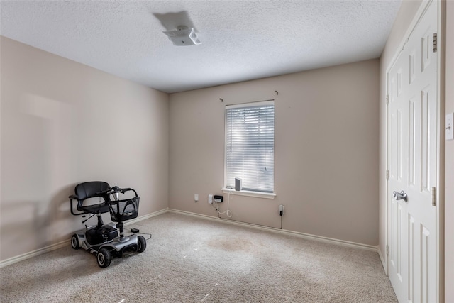 interior space with carpet flooring, a textured ceiling, and baseboards