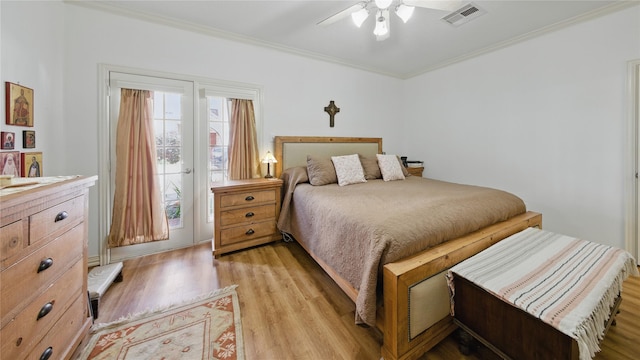 bedroom featuring ceiling fan, access to exterior, crown molding, visible vents, and light wood finished floors
