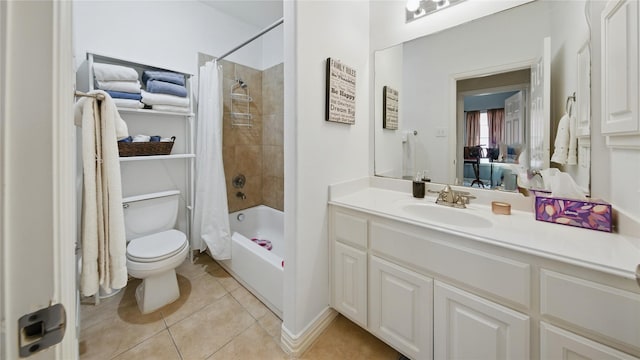 full bathroom featuring toilet, tile patterned floors, shower / bathtub combination with curtain, and vanity