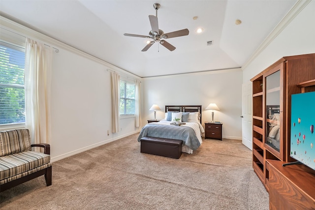 5217 Beech St, Bellaire, TX 77401 - carpeted bedroom featuring visible vents, ornamental molding, baseboards, and a ceiling fan