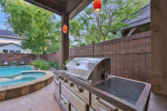 5217 Beech St, Bellaire, TX 77401 - view of patio featuring a fenced backyard, a fenced in pool, an in ground hot tub, and area for grilling