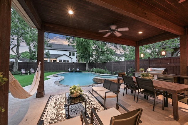 5217 Beech St, Bellaire, TX 77401 - view of pool with outdoor dining space, ceiling fan, grilling area, a fenced backyard, and a patio