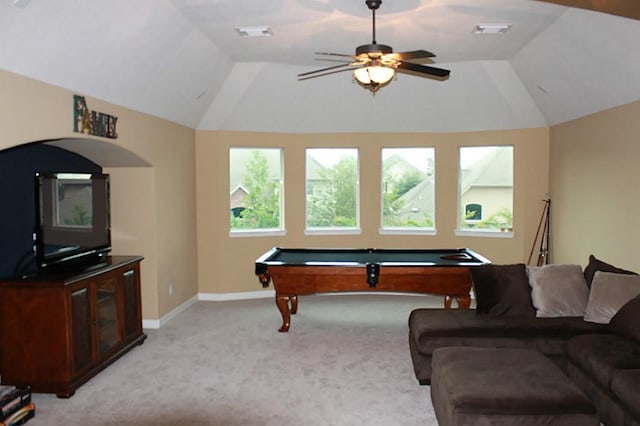 8807 Stowe Creek Ln, Missouri City, TX 77459 - rec room with vaulted ceiling, light carpet, billiards table, ceiling fan, and baseboards
