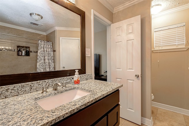 full bathroom featuring visible vents, vanity, curtained shower, toilet, and tile patterned floors