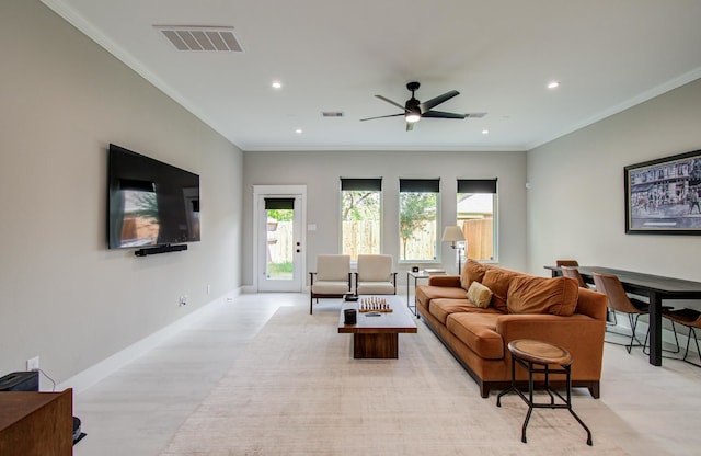 living room featuring a ceiling fan, visible vents, crown molding, baseboards, and recessed lighting