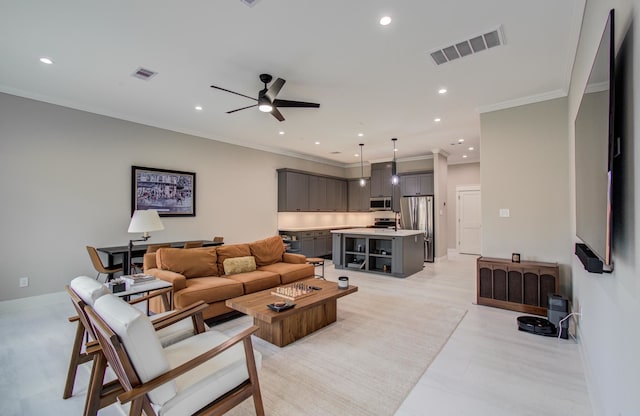 living room with visible vents, recessed lighting, ceiling fan, and ornamental molding