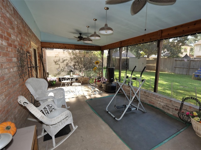 4202 Astwood Ct, Houston, TX 77068 - view of patio / terrace featuring a fenced backyard, a ceiling fan, an outbuilding, and a storage unit