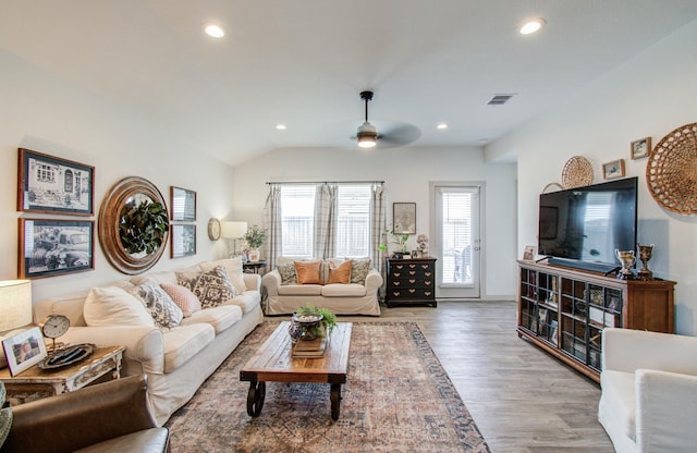 14543 Rain Tree Dr, Baytown, TX 77523 - living area with a ceiling fan, visible vents, wood finished floors, and recessed lighting