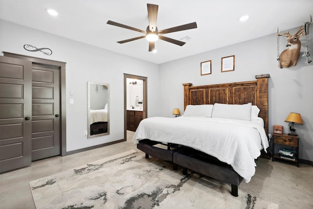 bedroom featuring connected bathroom, recessed lighting, baseboards, and ceiling fan