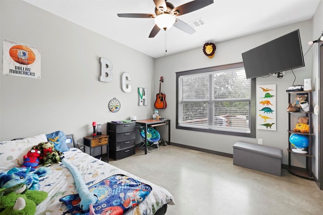 bedroom with visible vents, a ceiling fan, finished concrete flooring, and baseboards