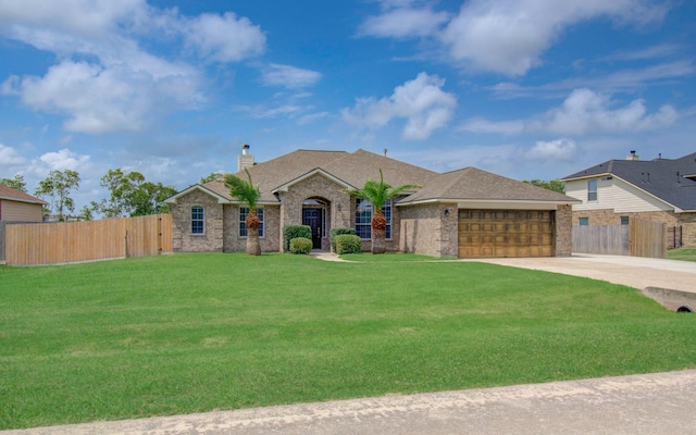 ranch-style home featuring driveway, a chimney, fence, a front lawn, and an attached garage