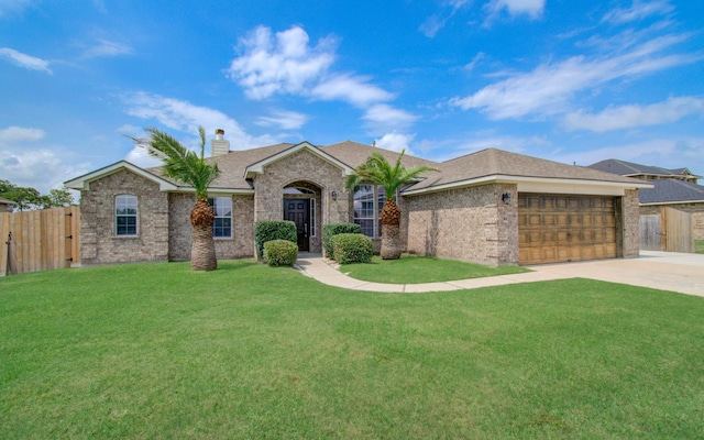 single story home featuring a garage, fence, a chimney, and concrete driveway