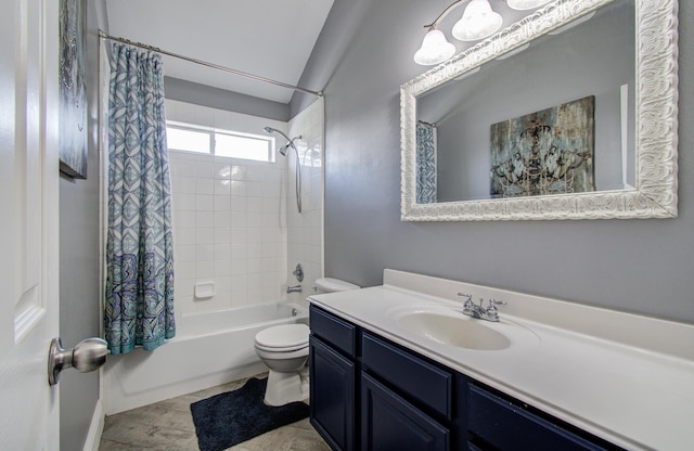 bathroom featuring vanity, shower / bath combo, and toilet