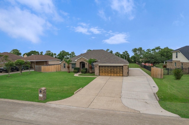 view of front of house featuring fence, a front lawn, brick siding, a garage, and concrete driveway