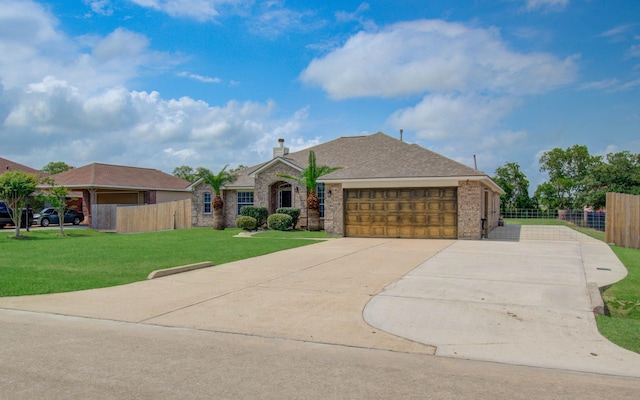 ranch-style home with an attached garage, fence, a front yard, and concrete driveway