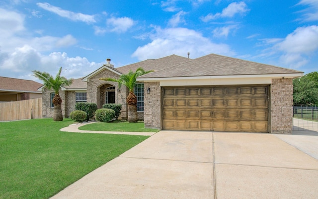 single story home featuring fence, an attached garage, a front lawn, brick siding, and concrete driveway