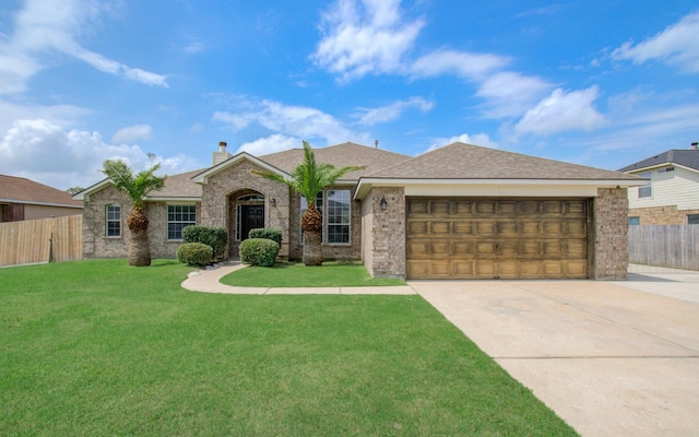 ranch-style home featuring fence, an attached garage, a front lawn, a chimney, and concrete driveway