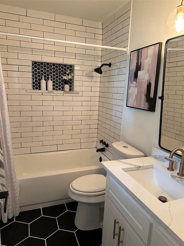 bathroom with shower / bath combo with shower curtain, toilet, tile patterned flooring, and vanity