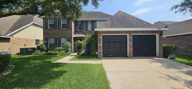 view of front of property featuring a shingled roof, a front lawn, brick siding, a garage, and driveway